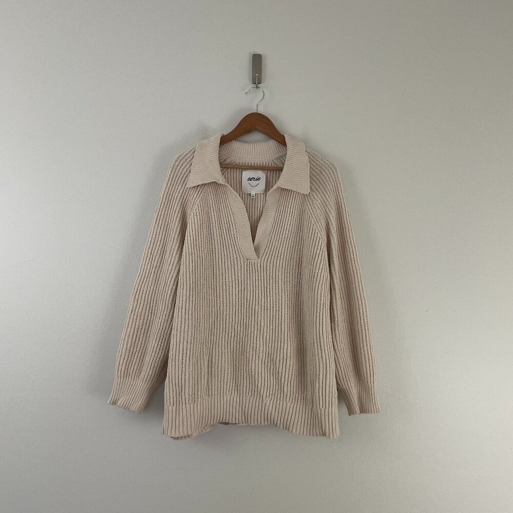 Aerie Sugar Rush Chenille Cream Knit Oversized Polo Sweater Size Large